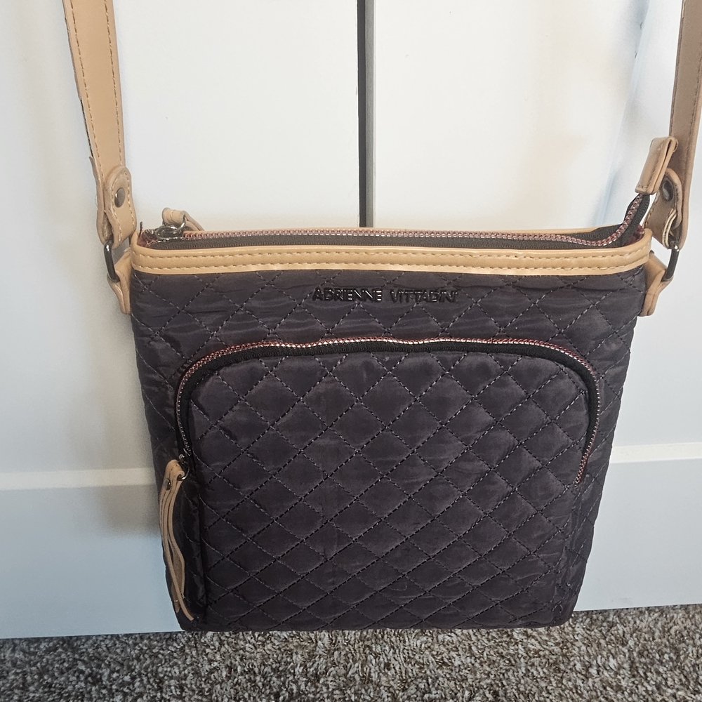Adrienne Vittadini Black Quilted Crossbody With Tan Leather Strap And Accents